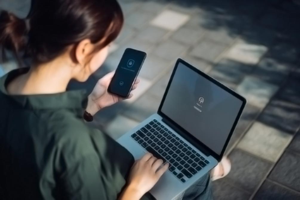 Girl holding iphone and laptop open for hosting support